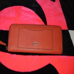 EUC Coach Reddish Orange Zip Around Wallet Silver Accent Pebbled Leather